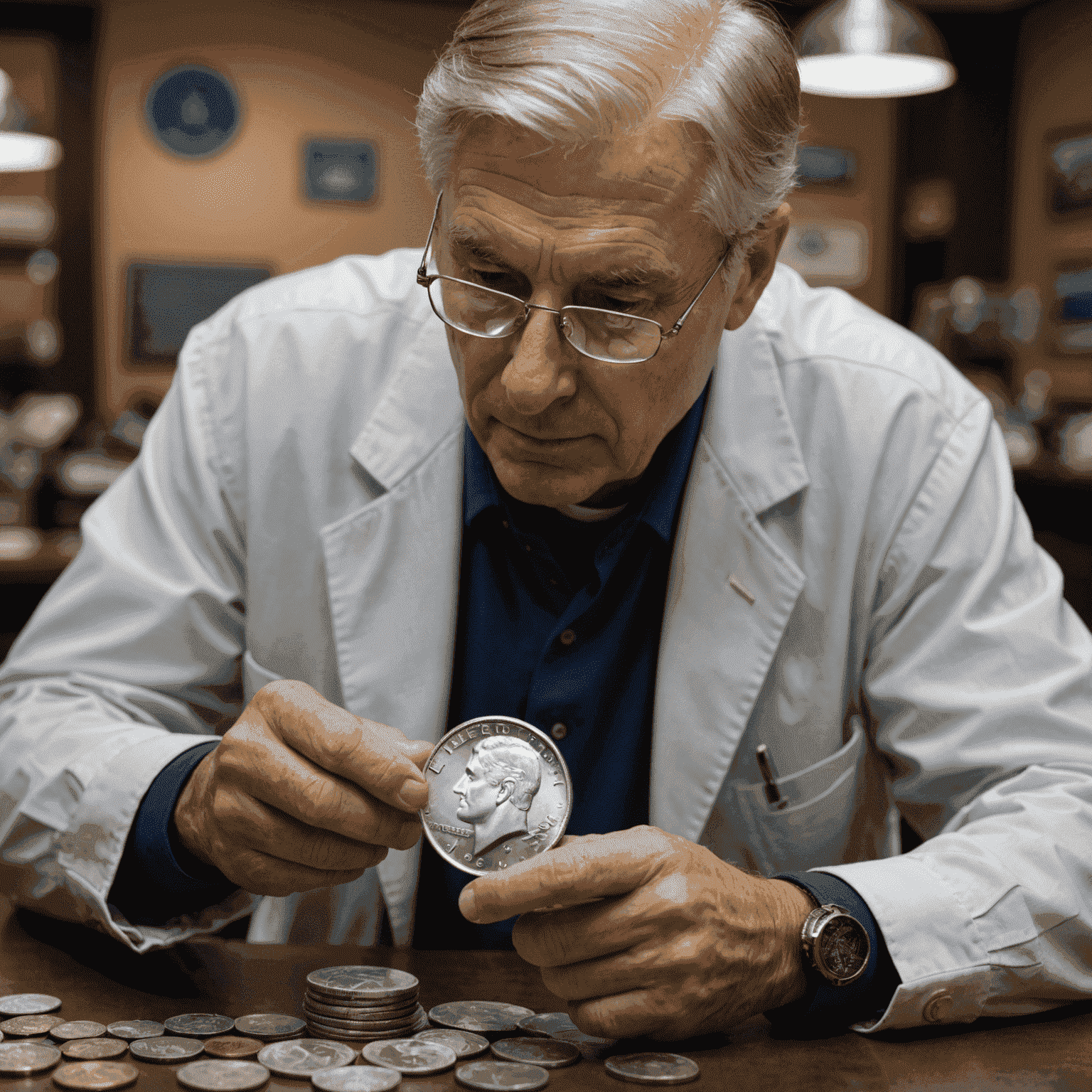 A professional coin dealer inspecting a rare silver dollar coin, symbolizing the expertise and attention to detail that Coin-Service-PRO brings to its IT consulting services.