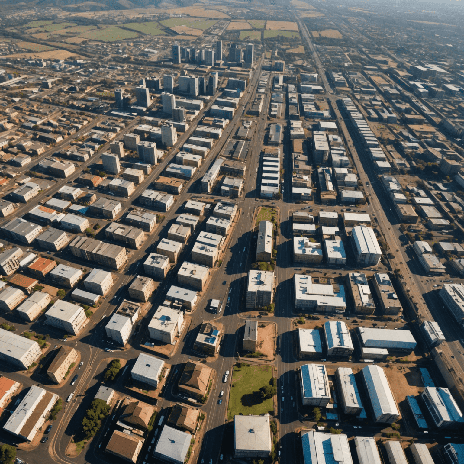 Aerial view of a city in South Africa with power lines and infrastructure visible