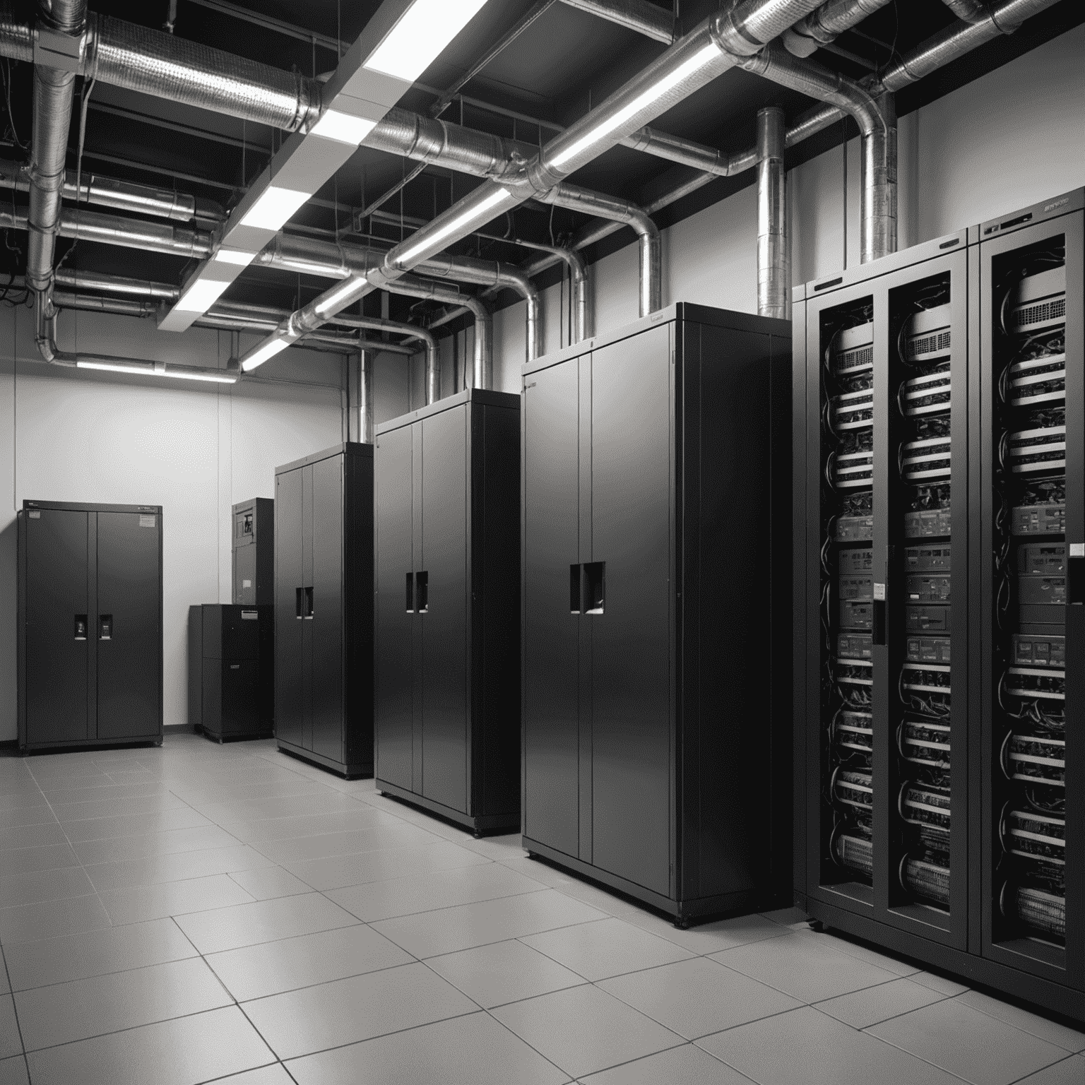 Backup power generators and UPS systems in a server room, ensuring continuous operation during power outages