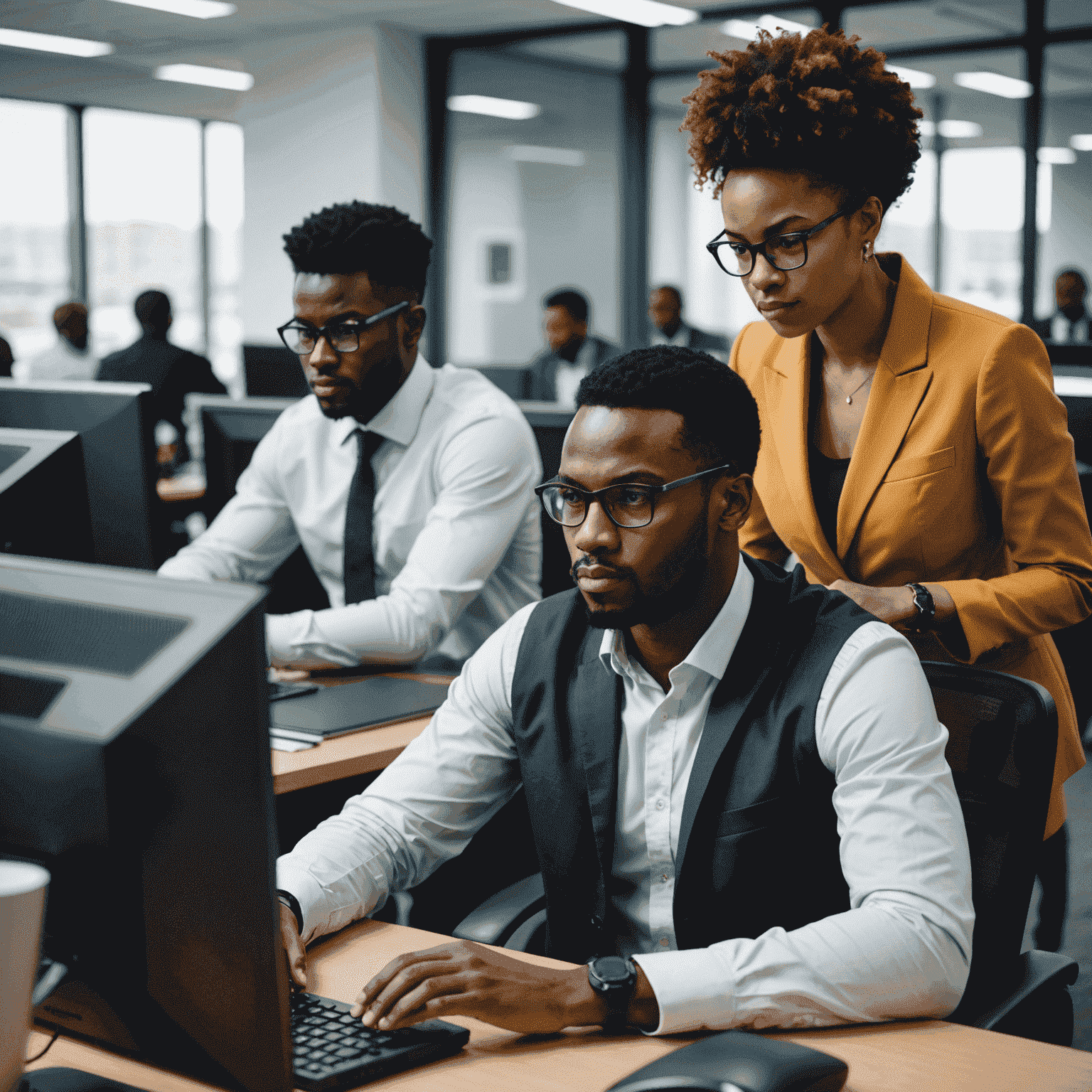 Cybersecurity professionals working in an African office setting, analyzing data on computer screens