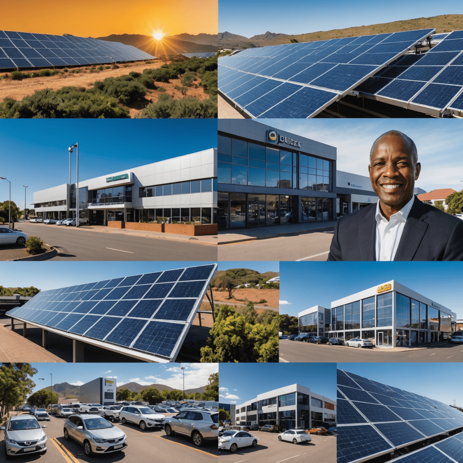 Collage of images showing South African businesses that have successfully digitalized their operations, such as an online coin dealer platform, a cybersecurity firm, and a company utilizing solar power backup