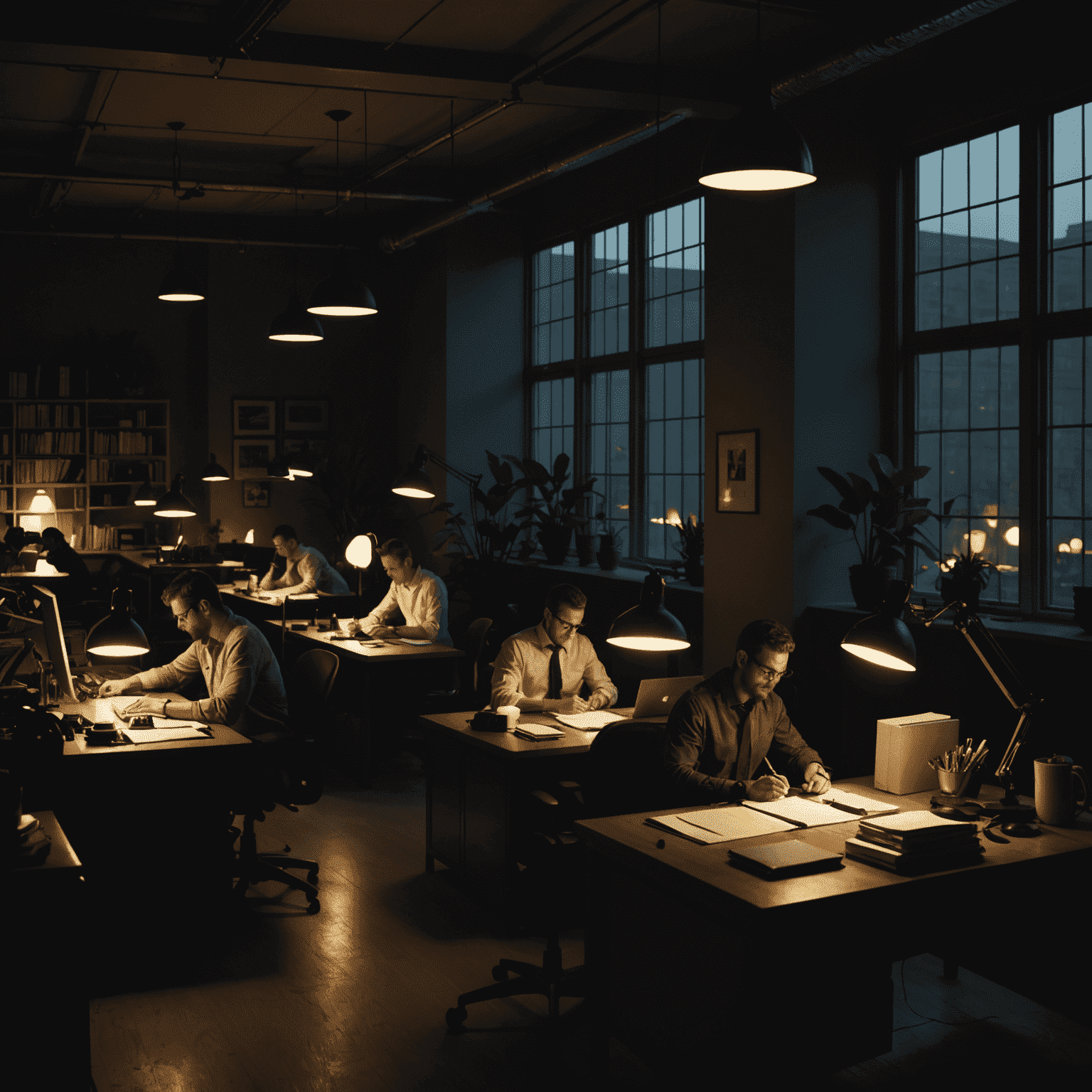 A darkened office with employees working by candlelight during a power outage