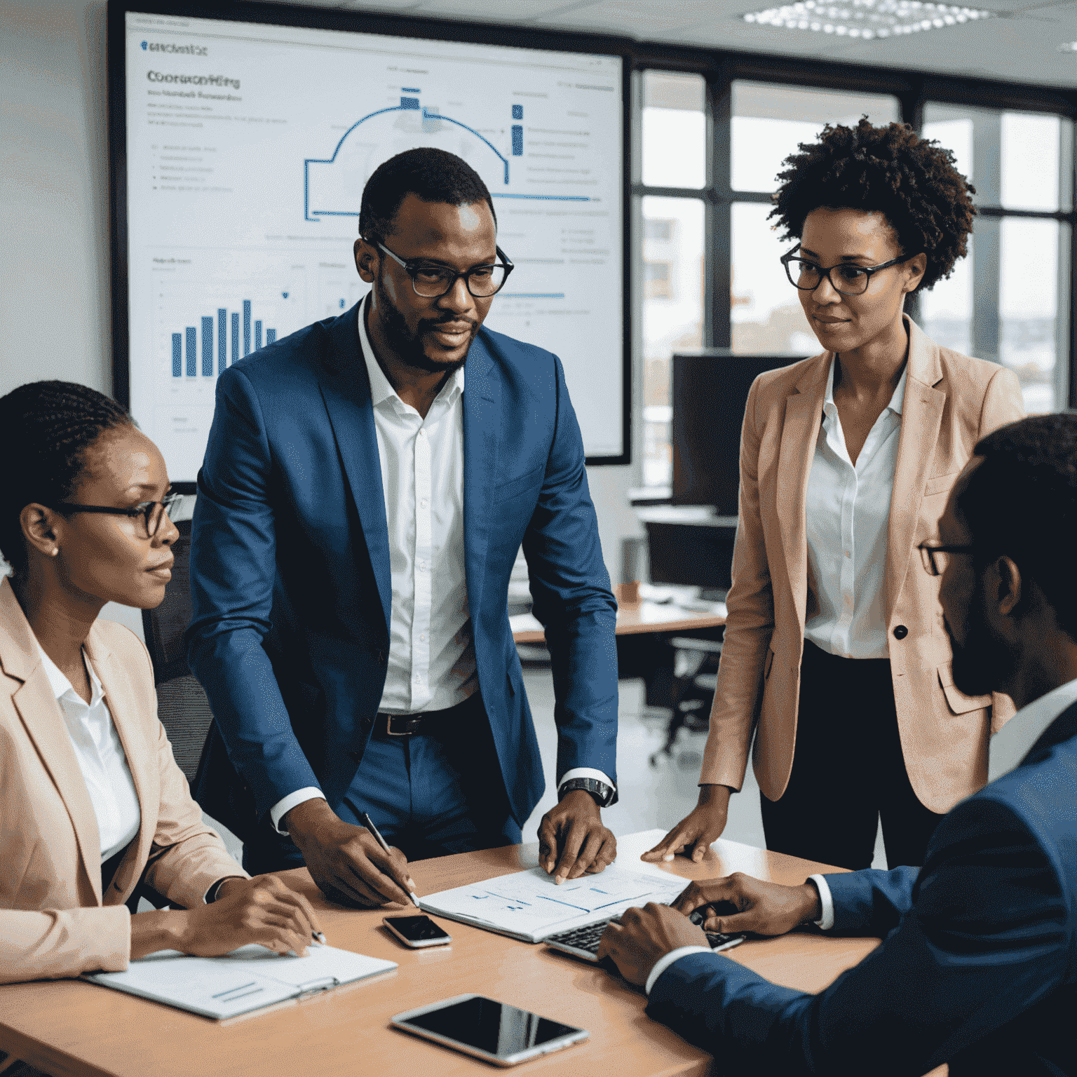 A visual representation of the role of IT consulting in driving digital transformation in Africa, showing a consultant working with a business team to implement digital solutions